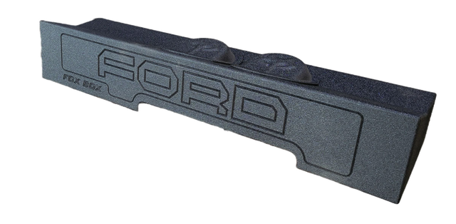 Fox Box enclosure with FORD lettering and two raised circular sections, angled front view