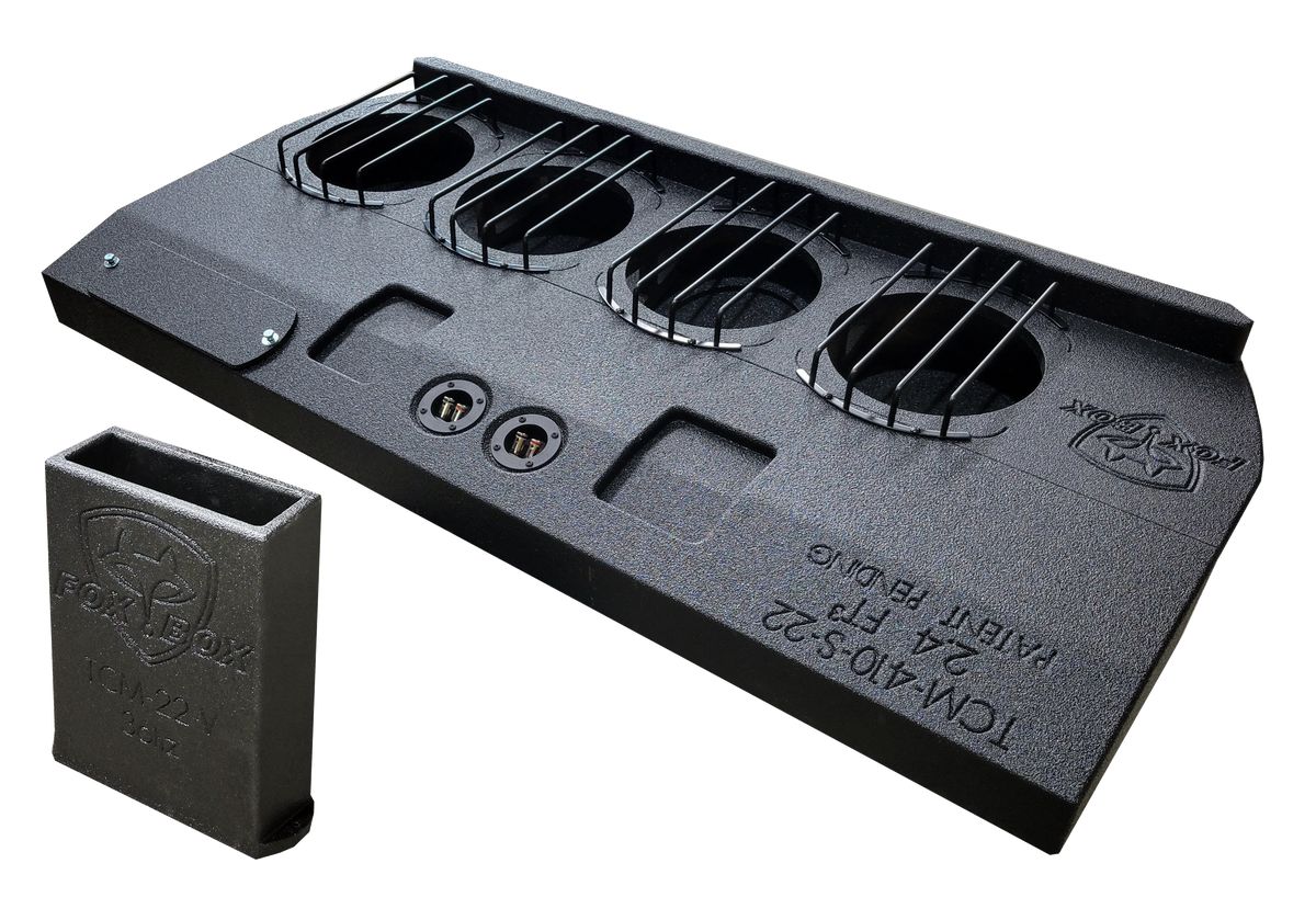 Fox Box Toyota Tundra quad-subwoofer enclosure with protective bars over four openings and a separate port component