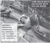 Seat mounting diagram identifying three factory bolts to reuse and the seat-belt mounting hardware
