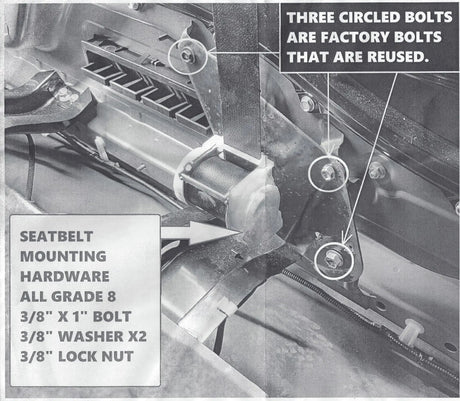 Seat mounting diagram identifying three factory bolts to reuse and the seat-belt mounting hardware