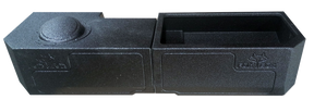 Black subwoofer enclosure with an open storage tray