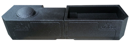 Black subwoofer enclosure with an open storage tray