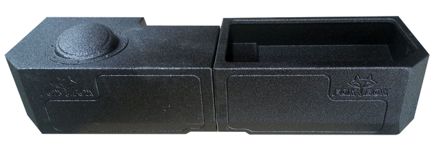 Black subwoofer enclosure with an open storage tray