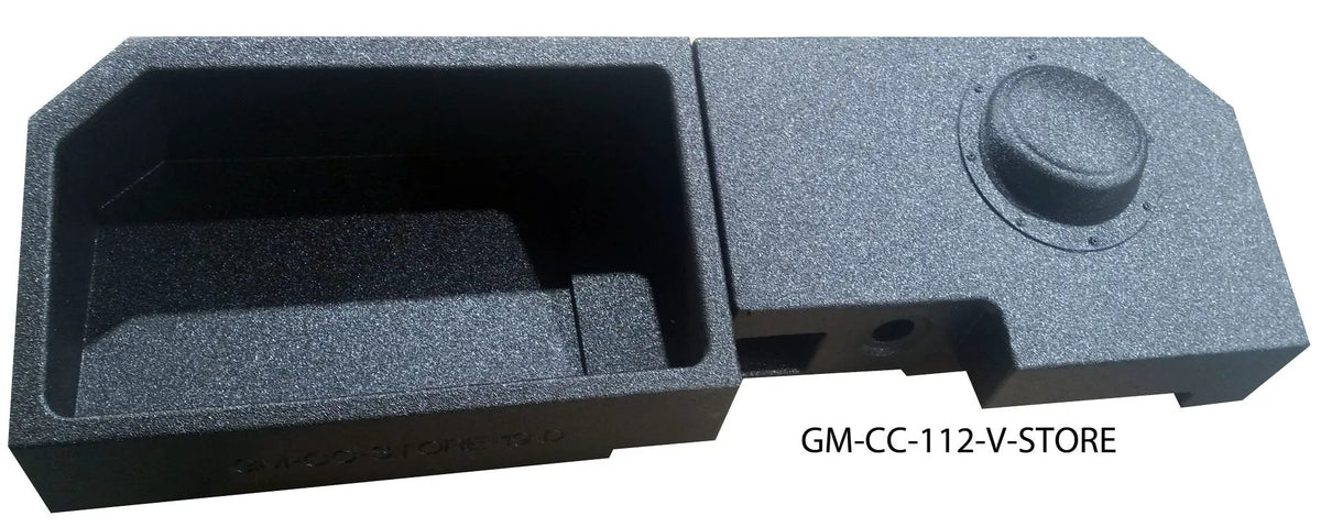 FOX BOX enclosure combining a large open storage tray and a raised single-subwoofer section