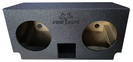 Front view of a Fox Box enclosure with two empty speaker openings and a square center port