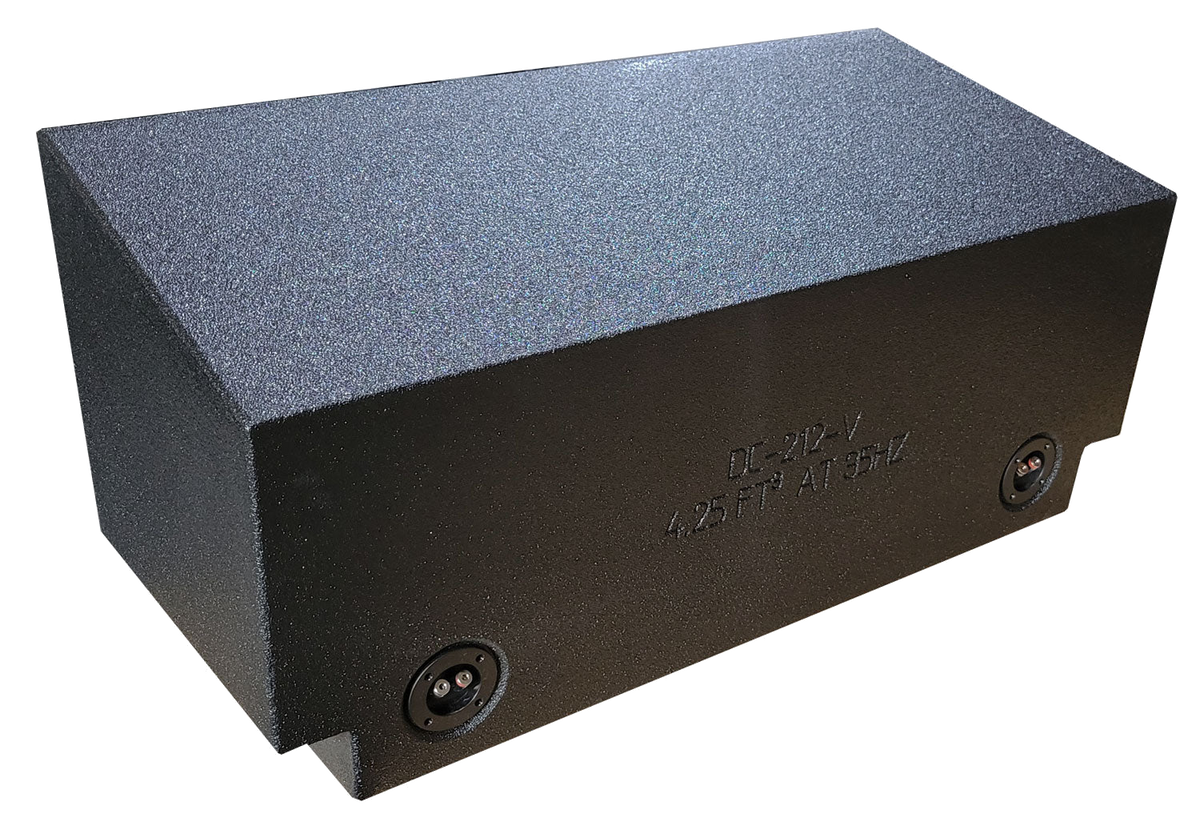 Rear view of a black Fox Box enclosure showing two terminal cups