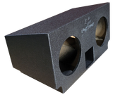 Black subwoofer enclosure with two round speaker openings and a central rectangular port, angled view