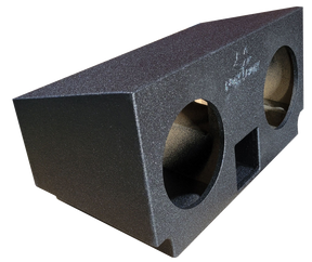 Black subwoofer enclosure with two round speaker openings and a central rectangular port, angled view