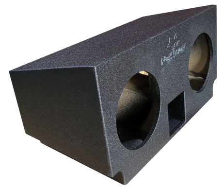 Black subwoofer enclosure with two round speaker openings and a central rectangular port, angled view