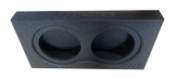 Black subwoofer enclosure with two round speaker openings, angled front view