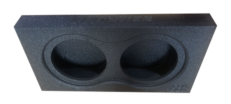 Black subwoofer enclosure with two round speaker openings, angled front view