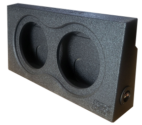 Black textured subwoofer enclosure with two recessed circular openings and a side terminal cup