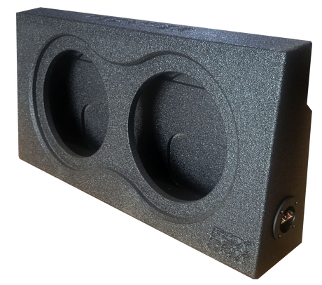 Black textured subwoofer enclosure with two recessed circular openings and a side terminal cup