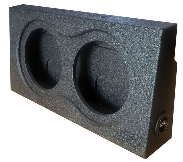 Black textured subwoofer enclosure with two recessed circular openings and a side terminal cup