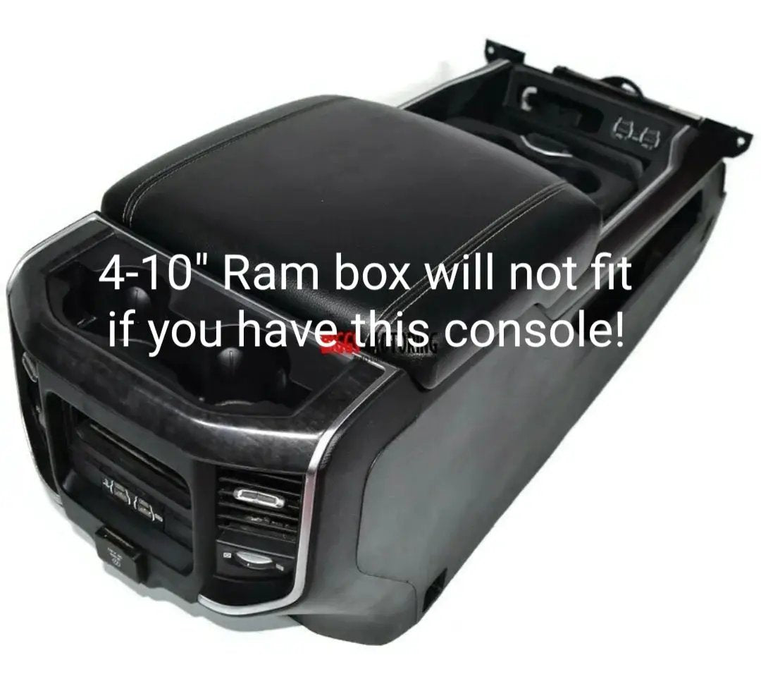 Fitment warning showing the center console that is incompatible with the Ram four-10-inch subwoofer enclosure