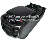 Fitment warning showing the center console that is incompatible with the Ram four-10-inch subwoofer enclosure