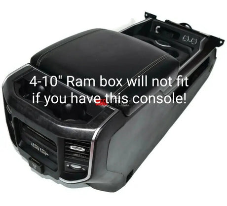 Fitment warning showing the center console that is incompatible with the Ram four-10-inch subwoofer enclosure