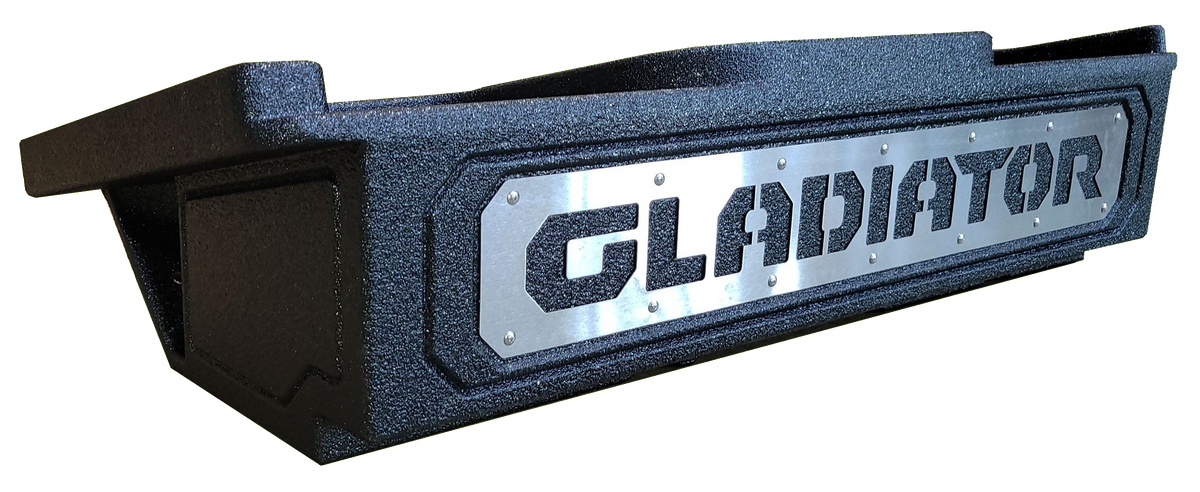 Fox Box enclosure with a silver GLADIATOR nameplate, angled front view