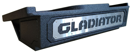Fox Box enclosure with a silver GLADIATOR nameplate, angled front view