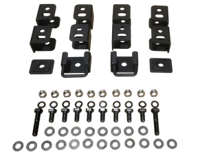 Seat-lift brackets, plates, bolts, nuts and washers arranged by component type