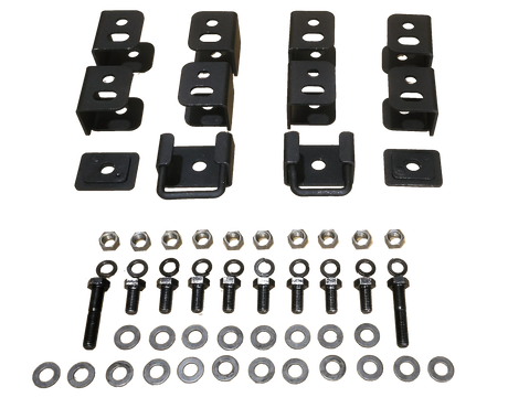 Seat-lift brackets, plates, bolts, nuts and washers arranged by component type