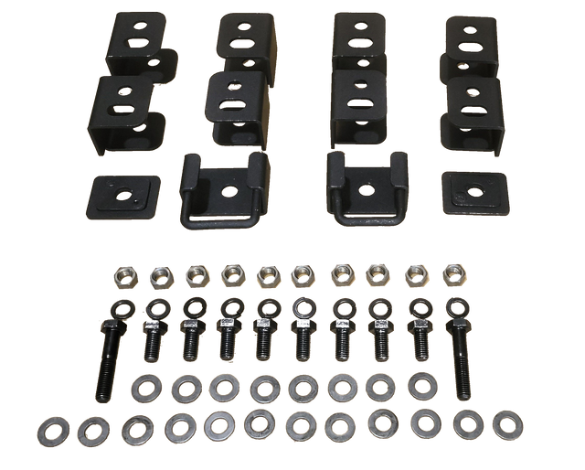 Seat-lift brackets, plates, bolts, nuts and washers arranged by component type