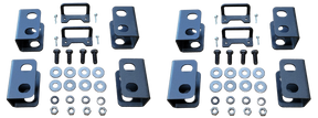 Two sets of black seat-lift brackets with bolts, washers and nuts arranged side by side