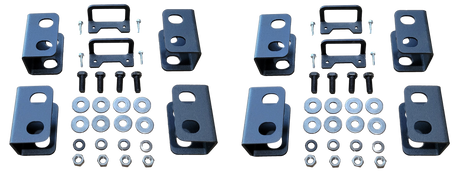Two sets of black seat-lift brackets with bolts, washers and nuts arranged side by side