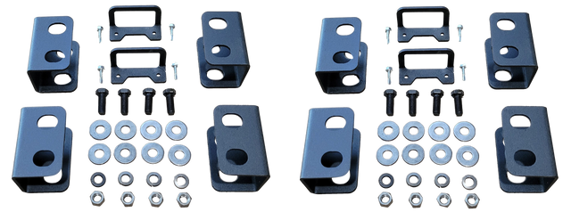 Two sets of black seat-lift brackets with bolts, washers and nuts arranged side by side