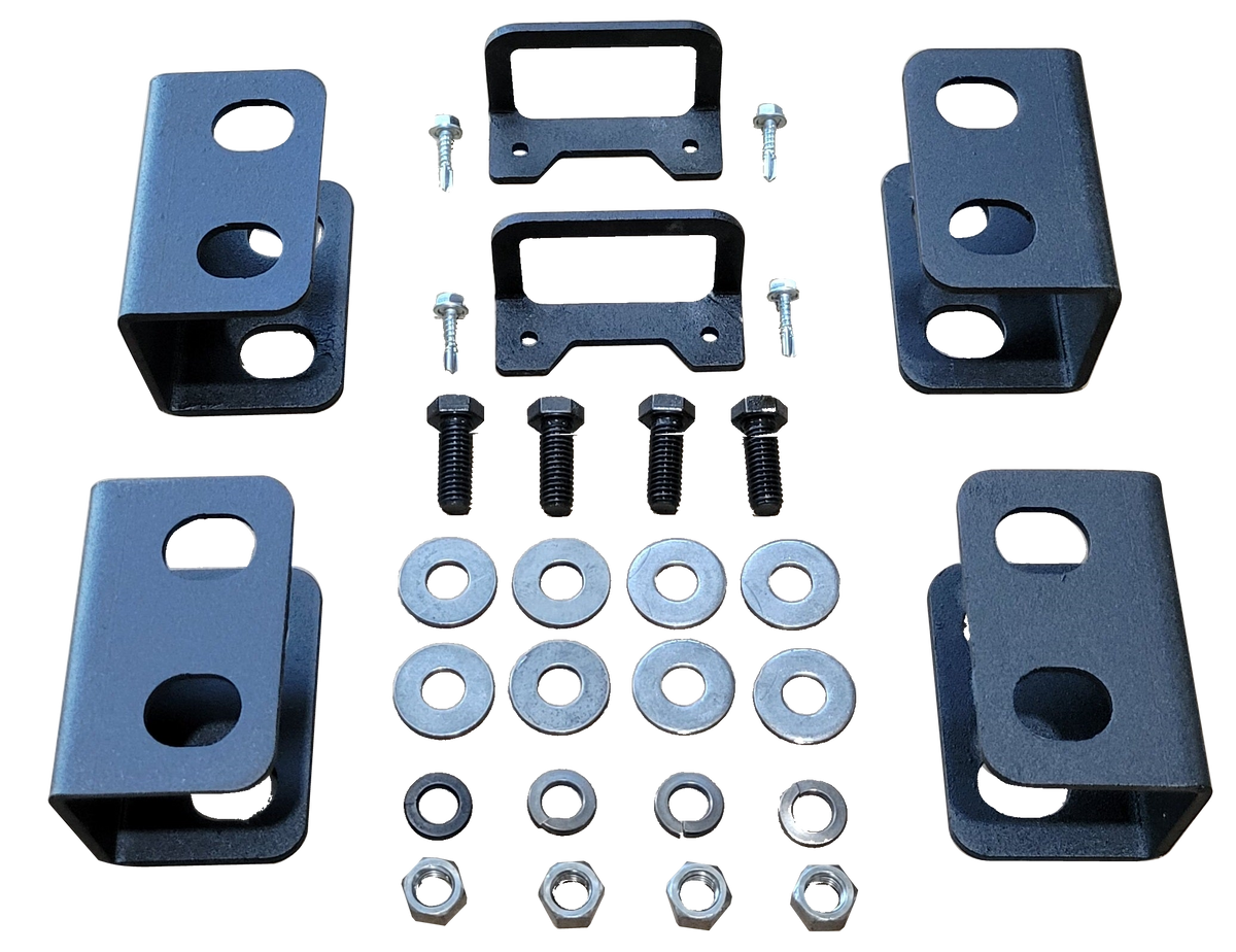 Black seat-lift brackets with bolts, washers and nuts arranged in rows