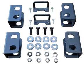 Black seat-lift brackets with bolts, washers and nuts arranged in rows