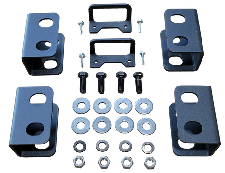 Black seat-lift brackets with bolts, washers and nuts arranged in rows
