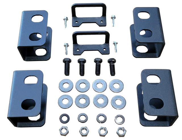 Black seat-lift brackets with bolts, washers and nuts arranged in rows