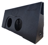 Wedge-shaped subwoofer enclosure with two speaker openings, a Toyota emblem and side port