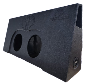 Wedge-shaped subwoofer enclosure with two speaker openings, a Toyota emblem and side port