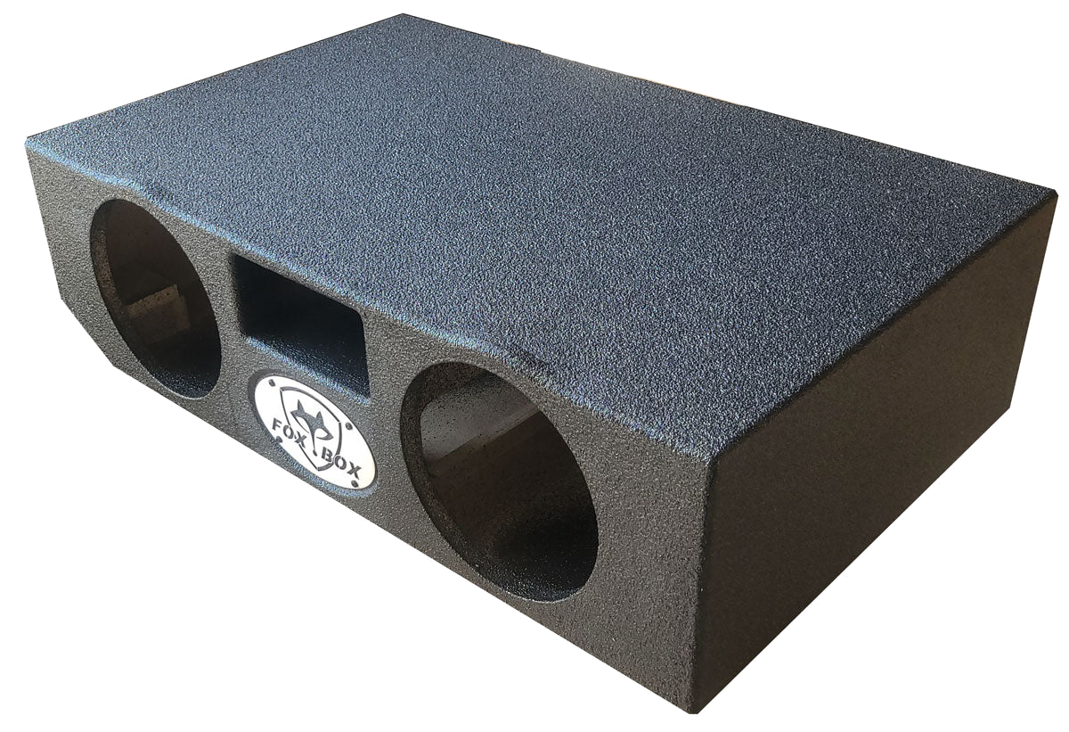 Fox Box subwoofer enclosure with two round speaker openings and a central rectangular port, angled front view
