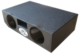 Fox Box subwoofer enclosure with two round speaker openings and a central rectangular port, angled front view