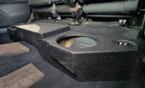 Fox Box Hyundai Santa Cruz enclosure fitted beneath the raised rear seat, showing a speaker opening and terminal cup