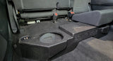 Fox Box enclosure with SANTA CRUZ lettering beneath a raised rear seat, with an empty speaker opening visible