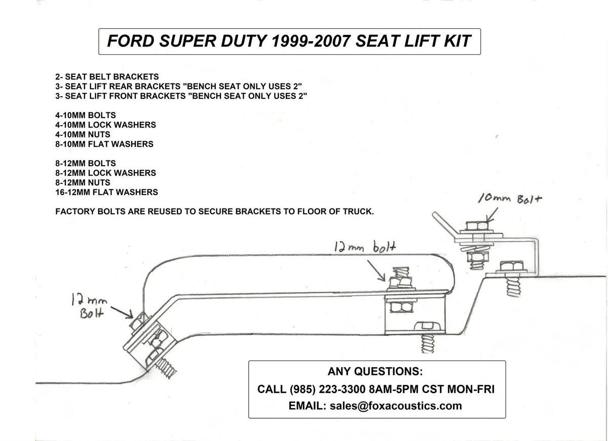 Ford Super Duty 1999–2007 seat-lift diagram showing bracket positions, 10 mm and 12 mm hardware, and reuse of factory floor bolts