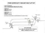 Ford Super Duty 1999–2007 seat-lift diagram showing bracket positions, 10 mm and 12 mm hardware, and reuse of factory floor bolts