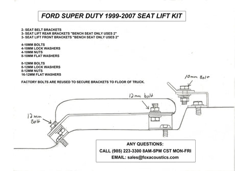 Ford Super Duty 1999–2007 seat-lift diagram showing bracket positions, 10 mm and 12 mm hardware, and reuse of factory floor bolts