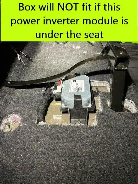 Compatibility warning showing an under-seat power inverter module that prevents the enclosure from fitting