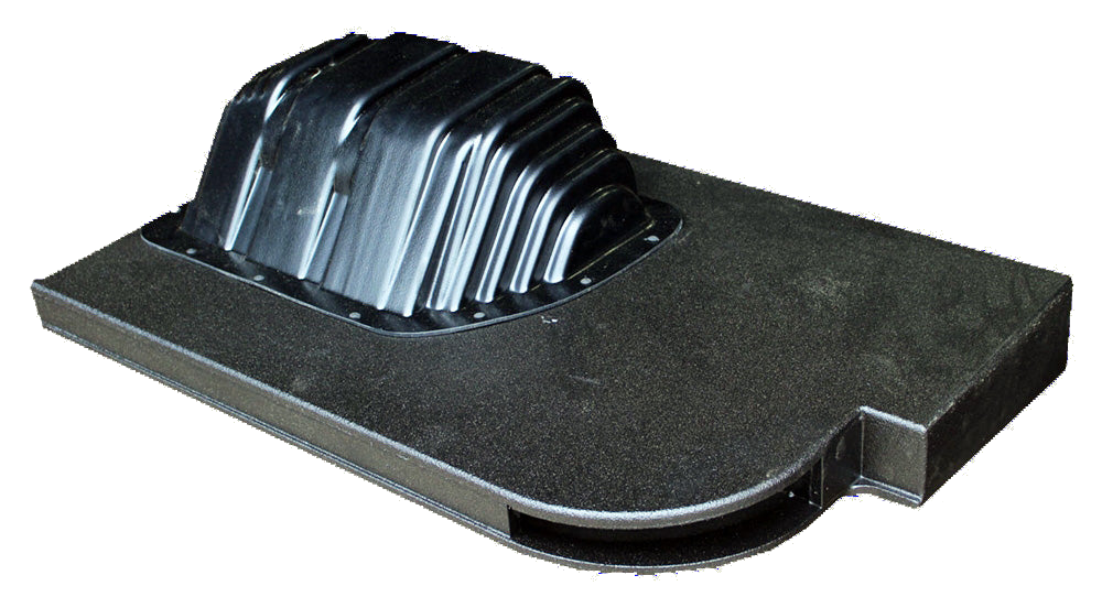 Reverse side of a single-subwoofer FOX BOX enclosure showing a ribbed magnet-clearance cover