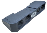 Angled view of a long black Fox Box enclosure with four round speaker openings