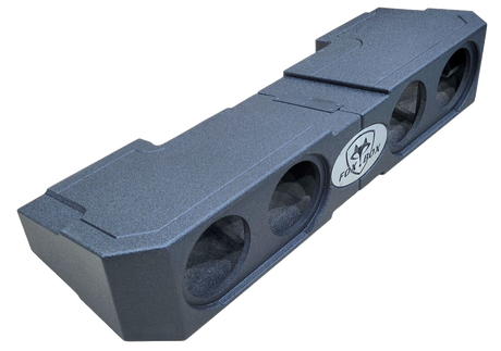 Angled view of a long black Fox Box enclosure with four round speaker openings