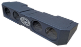 Angled view of a FOX BOX enclosure with four open speaker cutouts and a central logo