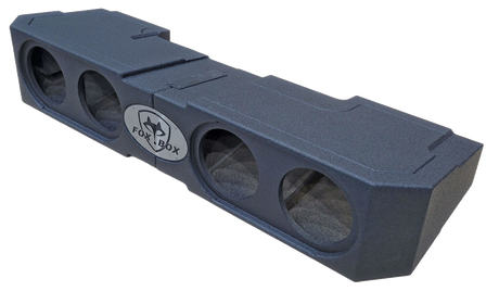Angled view of a FOX BOX enclosure with four open speaker cutouts and a central logo