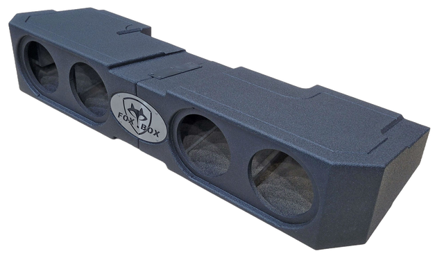 Angled view of a FOX BOX enclosure with four open speaker cutouts and a central logo