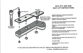 Ram seat-lift installation diagram showing spacer placement, retained rear bolts and replacement front bolts